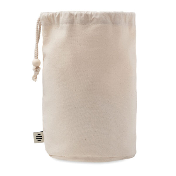 A recycled cotton drawstring bag in beige perfect for everyday use and eco friendly shopping