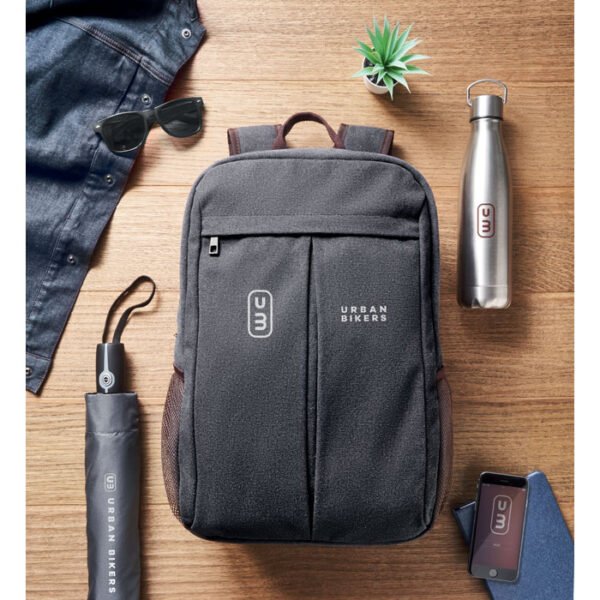 Laptop backpack in canvas front black gift suppliers A sleek front black canvas laptop backpack designed for durability and practicality