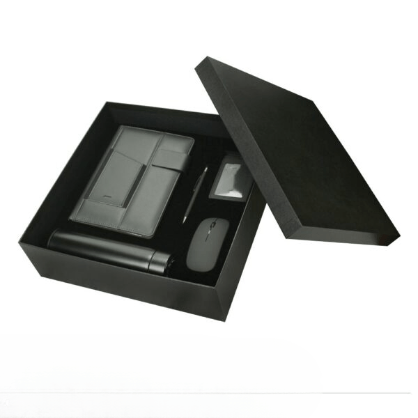 Corporate office gift set in black cardboard box2cleanup mustang advertising trading llc Cardboard box with cushion for safe packaging mouse id pouch flask and notebook