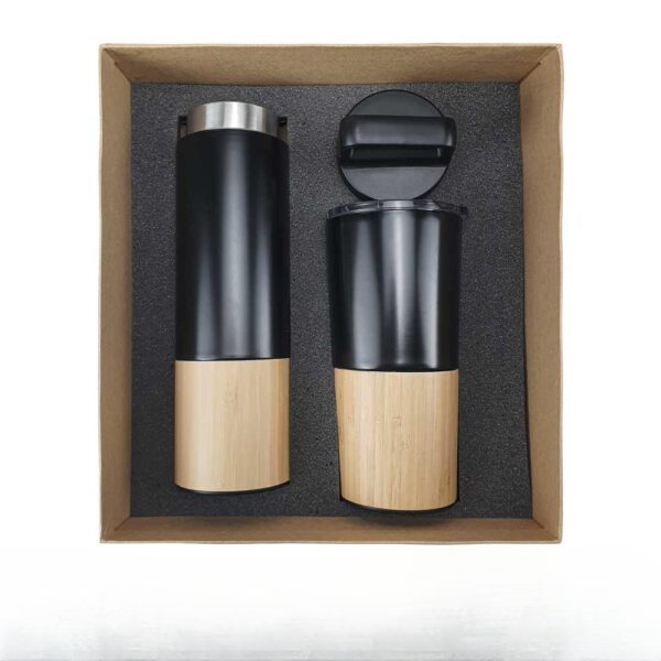 Ecofriendly gift sets2cleanup mustang advertising trading llc Bamboo lid black stainless steel tumbler and black stainless flask tumbler with bamboo
