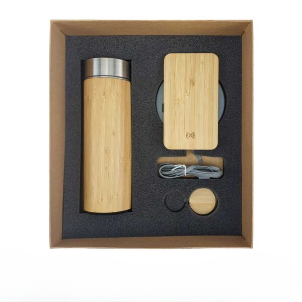 Bamboo flask with lid and wireless power bank for eco friendly charging
