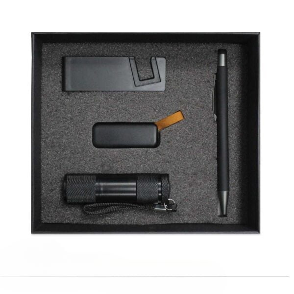 Black mobile stand metal pen with stylus and slide usb flash drive for a stylish functional gift set