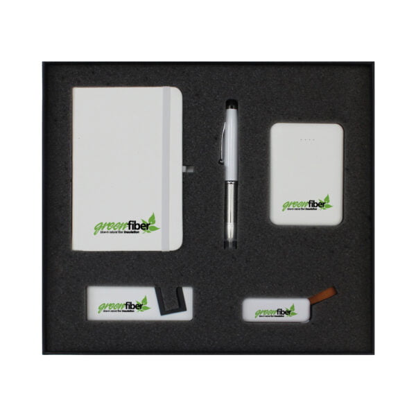 Customizable white notebook led pen power bank phone stand and usb flash drive