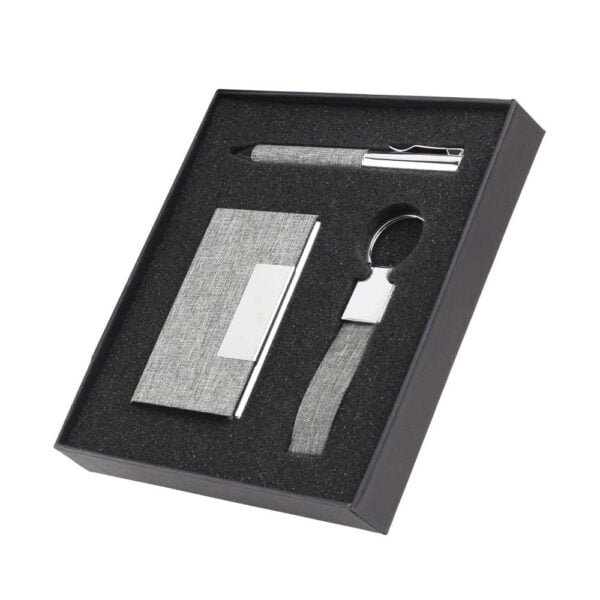 Promotional rpet gift sets with black cardboard gift box93 gift suppliers Eco friendly rpet fabric card holder keychain and metal ball pens