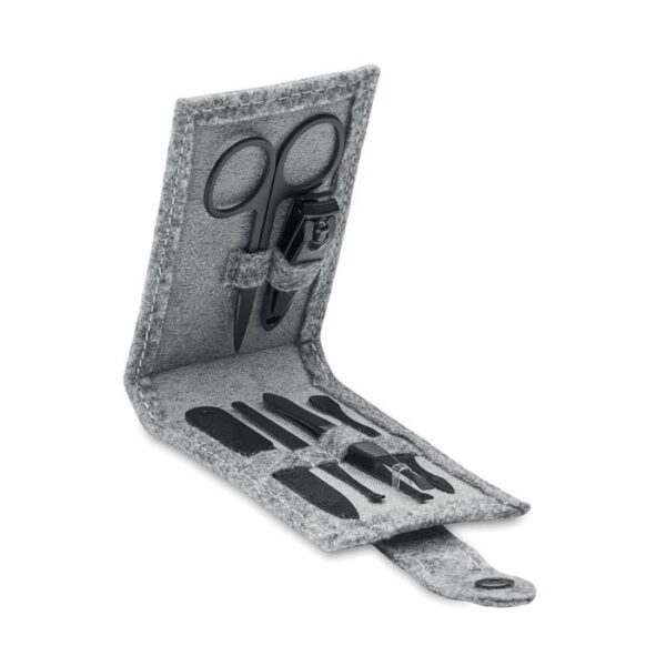 6 piece stainless steel manicure set in a rectangular rpet felt gray pouch