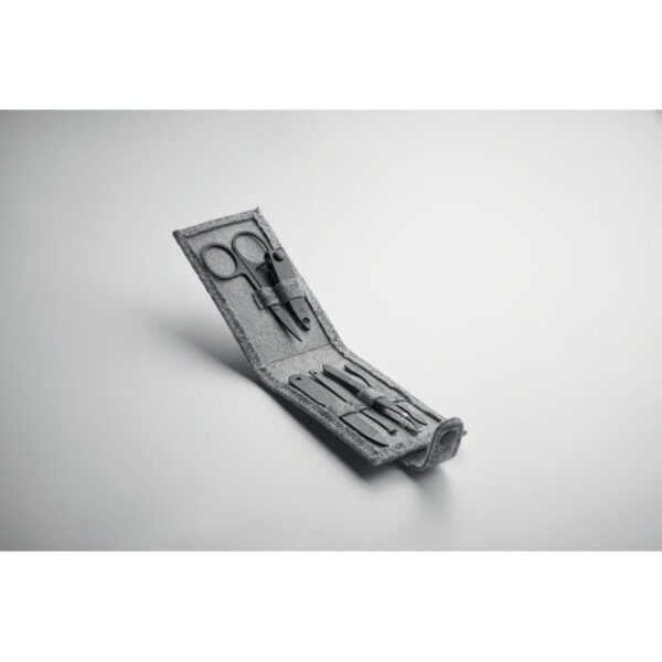 6 piece stainless steel manicure set in a sleek rectangular rpet felt gray pouch