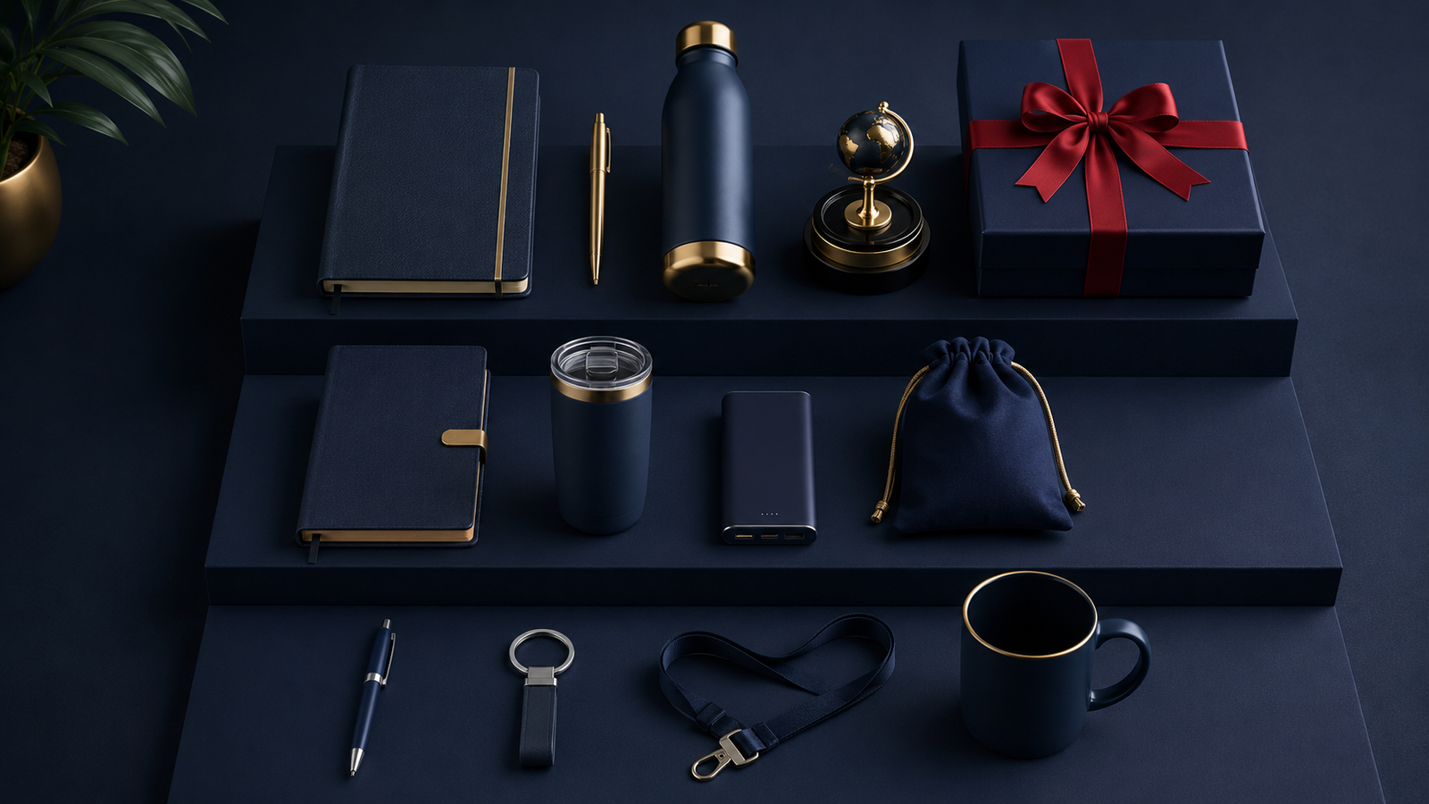 Blue and gold desk gifts arranged on dark blue shelves, including notebooks, pen, water bottle, globe, gift box with red ribbon, and tech accessories.