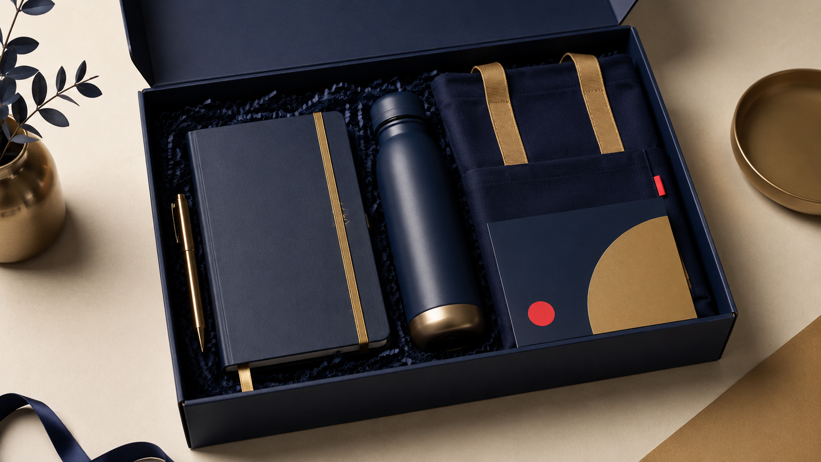 Open gift box showcasing navy notebook with gold elastic, a navy bottle with gold base, and a navy tote with gold straps.