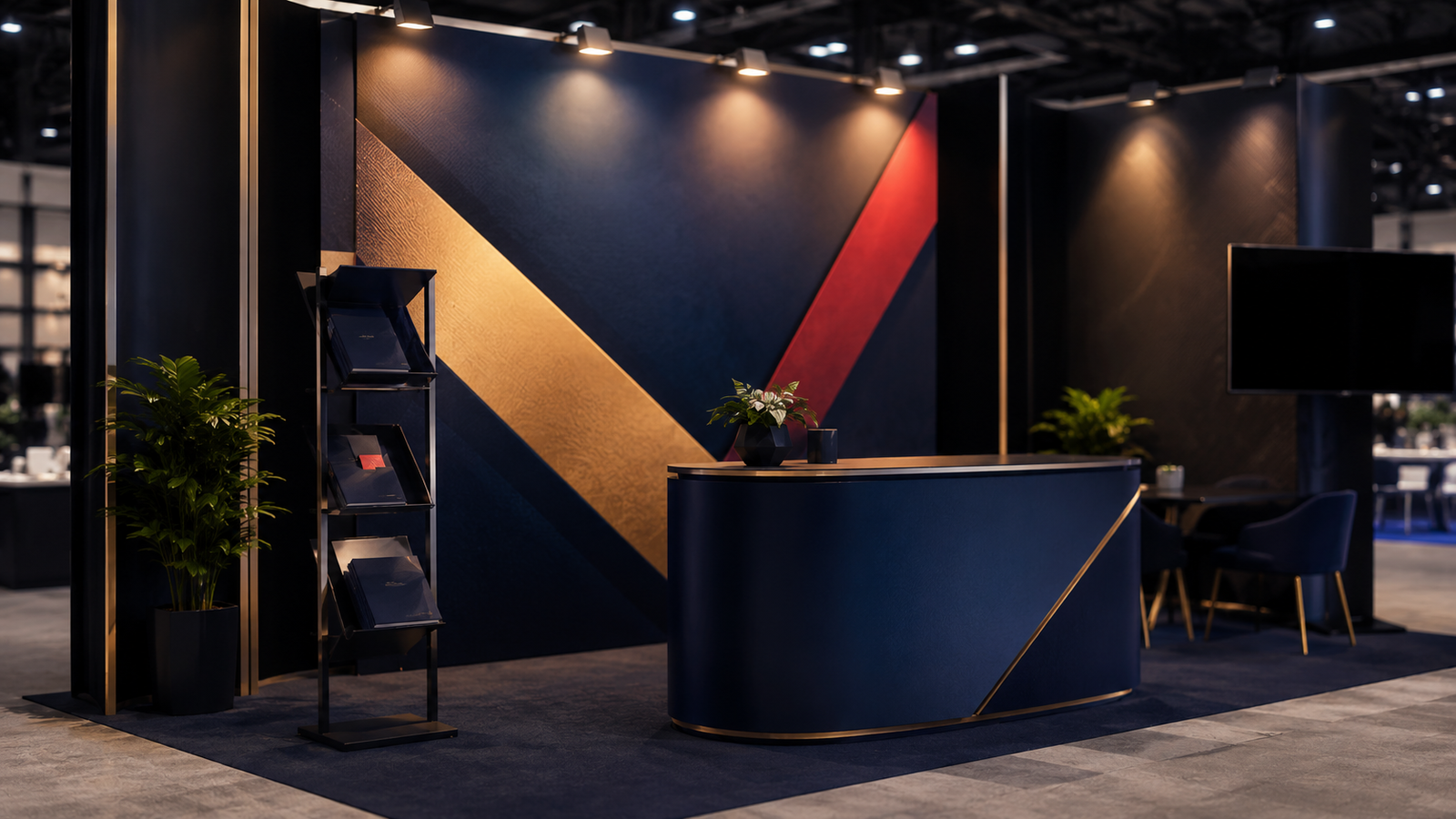 Elegant navy reception desk with gold trim in a trade show booth, geometric blue wall behind with gold diagonal accent and a red stripe behind it?
