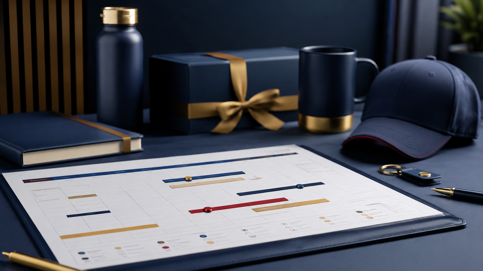 Navy desk scene with a large calendar planner, notebook, a cap, keys, and a navy mug with gold band alongside gift boxes wrapped in gold ribbons.
