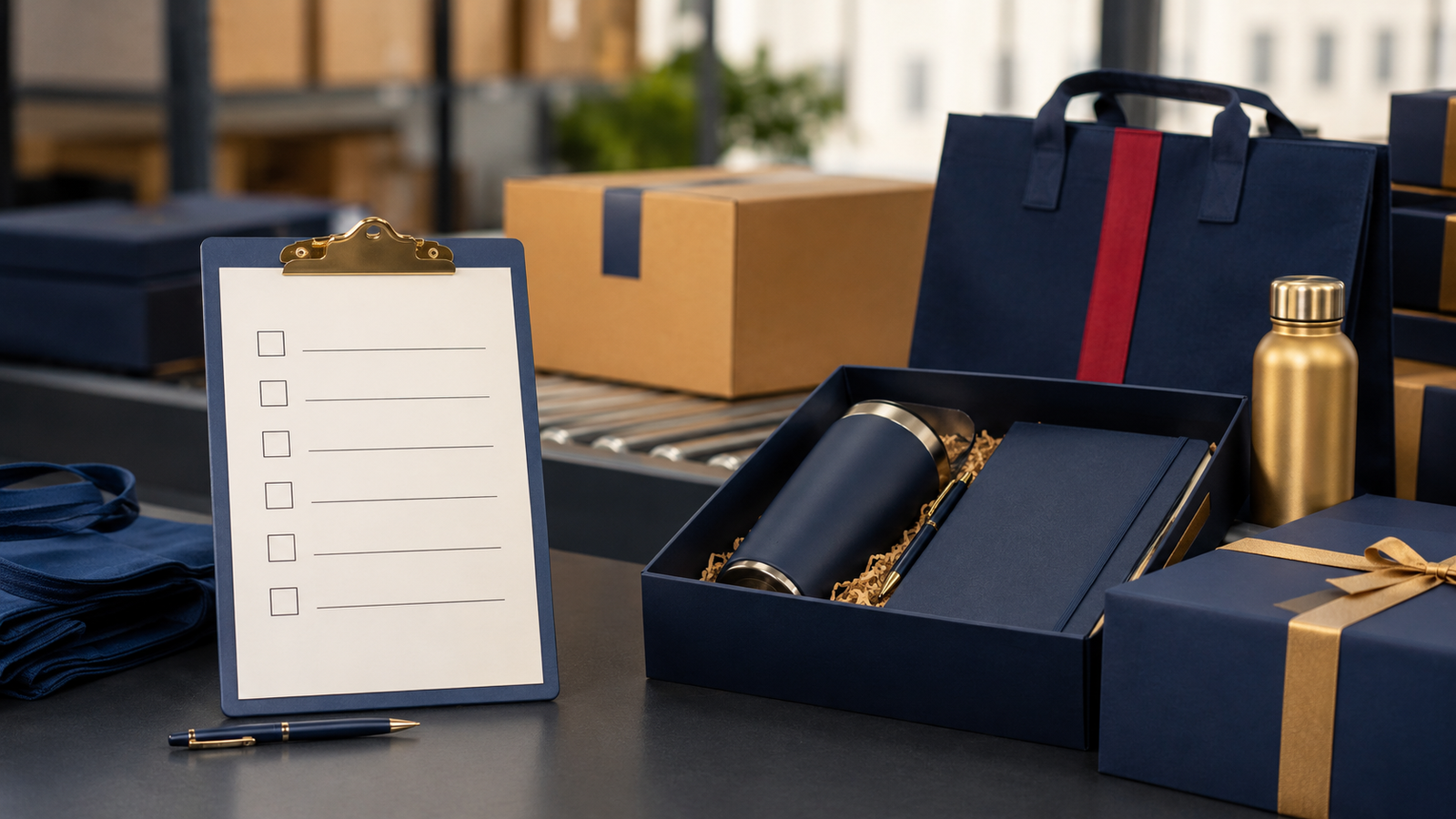 Blue clipboard with a blank checklist on a desk beside wrapped gifts, a blue tumbler, notebook, and pen.